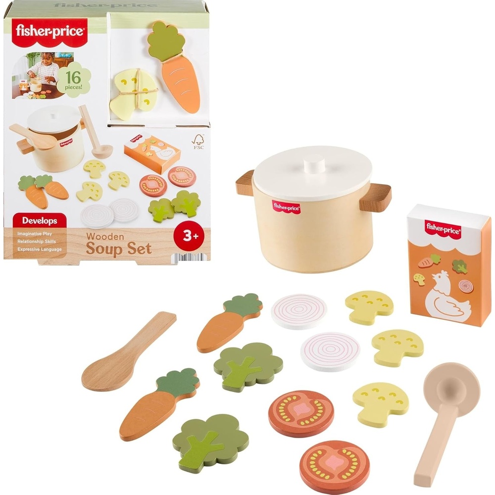 imageFisherPrice Wood Kitchen Toy Veggie Soup Tiny Garden 16Piece Wooden Pretend Cooking Playset for Preschool Kids Ages 3 Years Amazon Exclusive