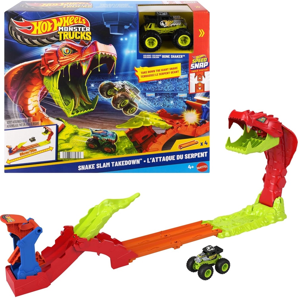 image:imageHot Wheels Monster Trucks Toy Playset Snake Slam Takedown Track Set with Exclusive 164 Scale Bone Shaker Toy Vehicle Includes Track
