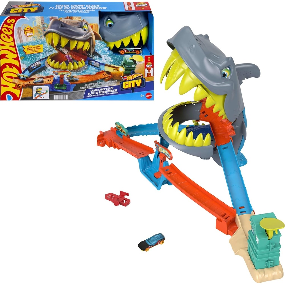 image:imageHot Wheels Toy Car Track Set City Shark Chomp Beach Playset with 164 Scale DieCast Vehicle 2 Ways to Play Knock Out the Shark or Get Eaten