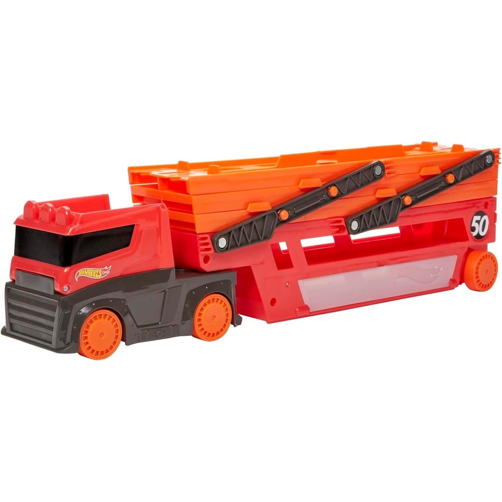image:imageHot Wheels Toy Car Track Set Mega Hauler with 6 Expandable Levels Storage for Up to 50 164 Scale Vehicles Connects to Other Sets amp Tracks