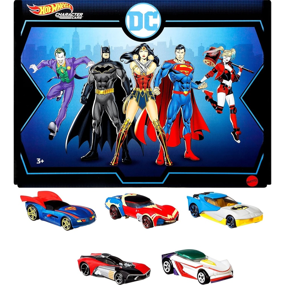 image:imageHot Wheels Toy Cars 5Pack Set of 5 DC Character Cars in 164 Scale Superman Batman Wonder Woman The Joker GT amp Harley Quinn