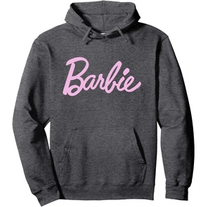 Barbie – Classic Script Light Pink Logo Pullover Hoodie(Dark Heather Grey)