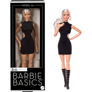 Barbie Basics Model 02 Collector Doll with Blonde Hair, Black Mini Dress & Gladiator Boots, Universal-fit Fashions, Posable Body & Swappable Doll Head(Multicolor)