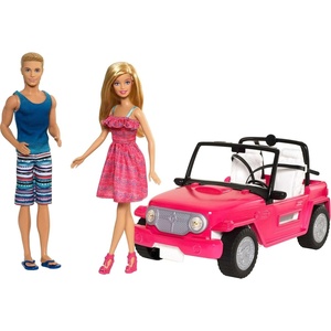 Barbie Car Beach Cruiser with Barbie Doll in Sundress & Ken Doll in Beach Outfit, Pink 2-Seater Open Toy Car
