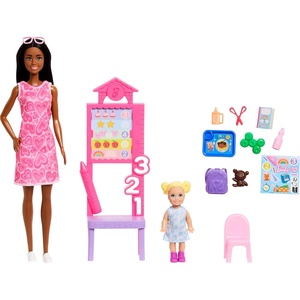 Barbie Careers Teacher Playset with Fashion Doll Wearing Removable Dress, Toddler Small Doll, Classroom Board & Accessories(Heart Dress + Blonde Student)