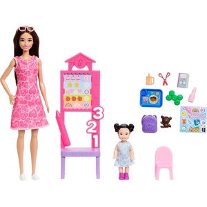 Barbie Careers Teacher Playset with Fashion Doll Wearing Removable Dress, Toddler Small Doll, Classroom Board & Accessories(Heart Dress + Brunette Student)