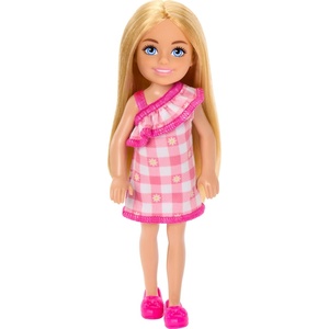 Barbie Chelsea Doll, Small Doll Wearing Removable Checked Dress & Pink Shoes with Blonde Hair & Blue Eyes(Girl – Pink Dress)