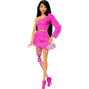 Barbie Deluxe Style Doll #2 in Barbiecore Outfit, Black Hair and Glittery Prosthetic Leg, Pink Top and Skirt Set with Rosette Detail and Accessories(Multicolor)