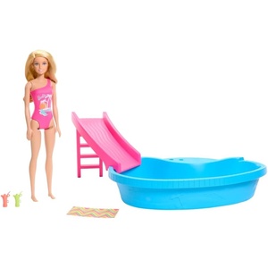 Barbie Doll & Pool Playset, Blonde in Tropical Pink One-Piece Swimsuit with Pool, Slide, Towel & Drink Accessories(Blonde in Tropical Pink)