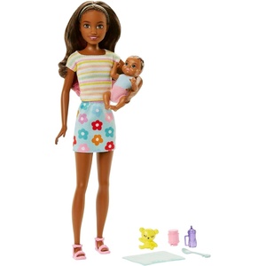 Barbie Dolls and Accessories, Skipper Doll (Two-Tone Hair) with Baby Figure and 5 Accessories, Babysitters Inc. Playset, Multicolor, HJY32(Multicolor)
