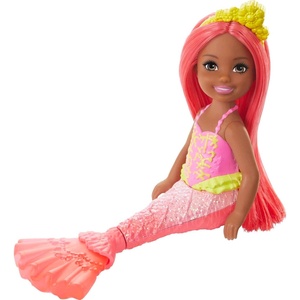 Barbie Dreamtopia Chelsea Mermaid Doll with Pink Hair & Tail, Royal Headband Accessory, Small Doll Bends at Waist(Coral)