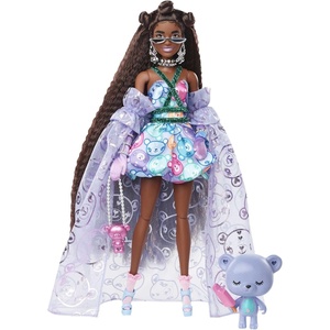 Barbie Extra Fancy Fashion Doll & Accessories Dressed in a Teddy-Print Gown with Sheer Train, Plus Teddy Bear Pet