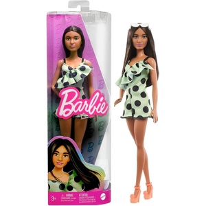 Barbie Fashionistas Doll #199, Curvy & Tall with Wavy Black Hair, Gingham Cut-Out Dress & Accessories, Including Shoes & Scrunchie-Style Bracelet(Green Polka Dots)