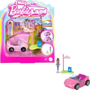 Barbie Mini BarbieLand Toy Vehicle Playset with 1.5-inch Doll & Convertible Car with Color-Change Surprise, Plus Street Sign Accessory(Convertible)