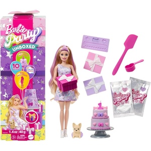 Barbie Party Unboxed Doll & Accessories, Pet Birthday Series Birthday Bows Set with 10 Surprises Including Color Change & Cake-Decorating Activity
