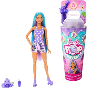 Barbie Pop Reveal Doll & Accessories, Fruit Punch Scent with Blue Hair, 8 Surprises Include Slime, Color Change & Puppy(Grape)