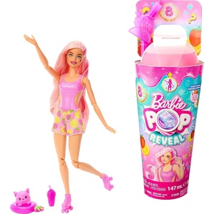 Barbie Pop Reveal Doll & Accessories, Fruit Punch Scent with Blue Hair, 8 Surprises Include Slime, Color Change & Puppy(Strawberry Lemonade)