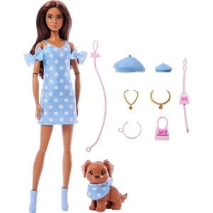 Barbie Twinning Looks Doll with Pet Dog in Matching Blue Polka Dot Clothes and Accessories for Both Like Berets and Purses, Brown Hair
