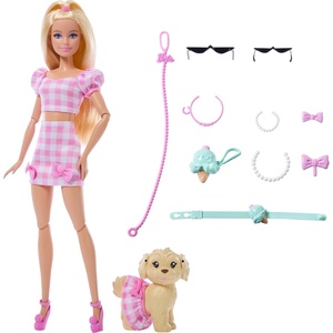 Barbie Twinning Looks Doll with Pet Dog in Matching Pink Gingham Clothes and Accessories for Both Like Sunglasses, Necklaces and Bows, Blonde(Multicolor)