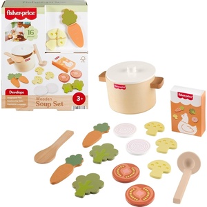 Fisher-Price Wood Kitchen Toy Veggie Soup, Tiny Garden 16-Piece Wooden Pretend Cooking Playset for Preschool Kids Ages 3+ Years (Amazon Exclusive)