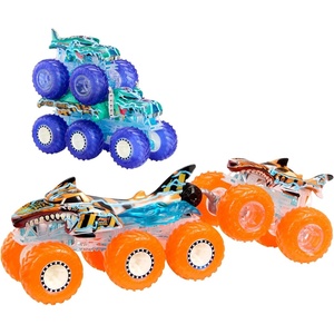 Hot Wheels Monster Trucks Multipack, 1:64 Scale Mega-Wrex & Tiger Shark Toy Trucks with Big Rigs in Matching Power Smashers Deco