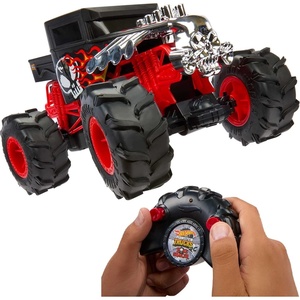 Hot Wheels Monster Trucks RC Toy, Remote-Control Transforming Rhinomite in 1:12 Scale & 1:64 Scale Race Ace, Converts into Launcher, Connects to Track(Bone Shaker)