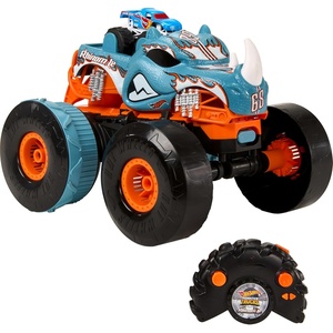 Hot Wheels Monster Trucks RC Toy, Remote-Control Transforming Rhinomite in 1:12 Scale & 1:64 Scale Race Ace, Converts into Launcher, Connects to Track(Rhinomite)