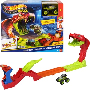 Hot Wheels Monster Trucks Toy Playset, Snake Slam Takedown Track Set with Exclusive 1:64 Scale Bone Shaker Toy Vehicle, Includes Track