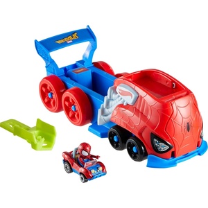 Hot Wheels Toy Car Track Set, Spider-Man Large-Scale Launcher and Hauler with Die-Cast RacerVerse Vehicle