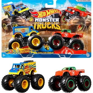 Hot Wheels Toy Cars & Monster Trucks, Sharks vs. Dinos Multipack with 2 Big Rigs, 2 1:64 Scale Monster Trucks & 2 1:64 Scale Hot Wheels Vehicles(2-Pack Demolition)