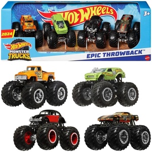 Hot Wheels Toy Cars & Monster Trucks, Sharks vs. Dinos Multipack with 2 Big Rigs, 2 1:64 Scale Monster Trucks & 2 1:64 Scale Hot Wheels Vehicles(Epic 4-Pack)