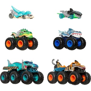 Hot Wheels Toy Cars & Monster Trucks, Sharks vs. Dinos Multipack with 2 Big Rigs, 2 1:64 Scale Monster Trucks & 2 1:64 Scale Hot Wheels Vehicles(Sharks vs. Dinos 6-Pack)