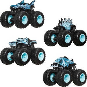 Hot Wheels Toy Cars & Monster Trucks, Sharks vs. Dinos Multipack with 2 Big Rigs, 2 1:64 Scale Monster Trucks & 2 1:64 Scale Hot Wheels Vehicles(X-Ray 4-Pack)
