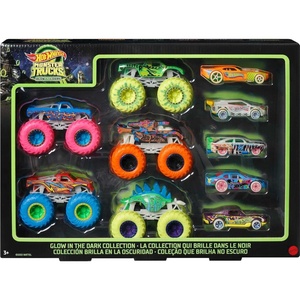 Hot Wheels Toy Monster Trucks 10-Pack of Glow-in-the-Dark 1:64 Scale Vehicles, GITD Set of 5 Trucks & 5 Cars, Play Vehicles for Kids & Collectors